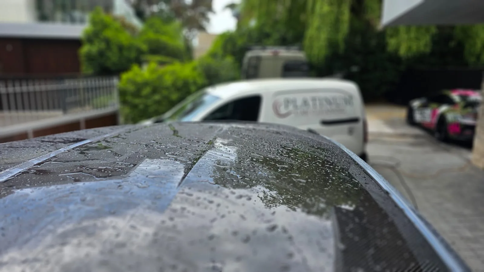 Water beading on a vehicle roof after cleaning